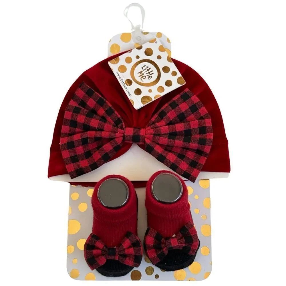 Little Me 0-12 Month Holiday Velvet Plaid Hat & Bootie Set NWT
